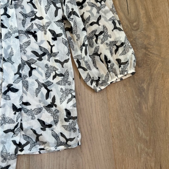 Sheer Bird Print Blouse Button Up with Tie Neck Long Sleeve - Picture 4 of 10